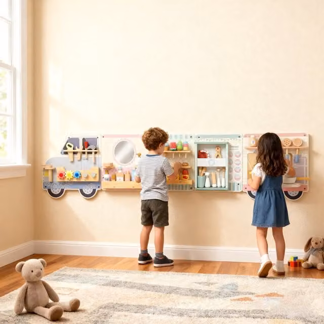 AIYAPLAY 5 in 1 Multicoloured Wooden Busy Board Wall Panels for Sensory and Motor Skill Development