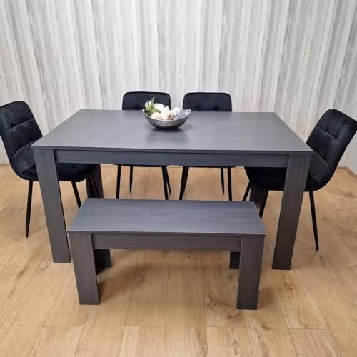 KOSY KOALA Modern 6 Seater Dining Set with Rectangular Dark Grey Table, 4 Black Velvet Chairs and 1 Bench, W/D/H: 140 x 80 x 75 cm