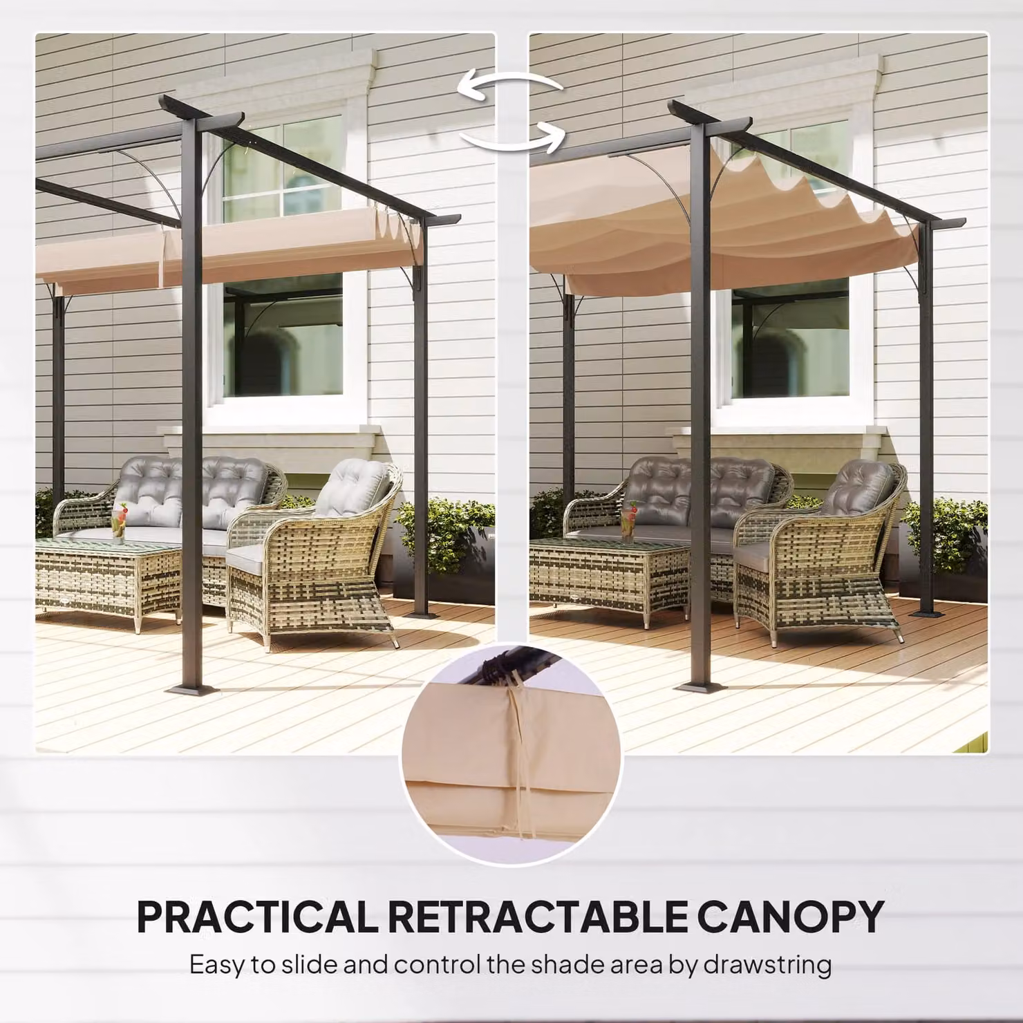 OUTSUNNY Metal Outdoor Pergola Gazebo with Retractable Canopy in Beige, W: 300 cm, D: 300 cm, H: 230 cm – 5