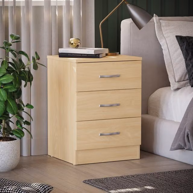 Vida Designs Modern Pine 3 Drawer Bedside Table Chest in Brown, Yellow and Beige
