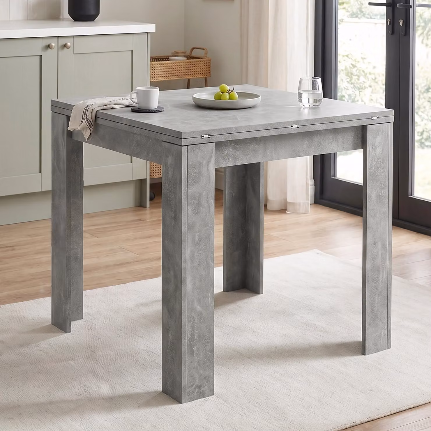 DHS Small Square Extendable Dining Table with Flip Top in Concrete Grey and White, W/D/H: 80 x 80 x 75 cm