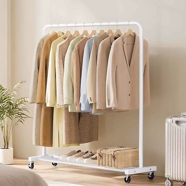 The Bazaarist Matte White Metal Rolling Garment Rack with Lockable Wheels, W/D/H: 110 x 38 x 141.5 cm