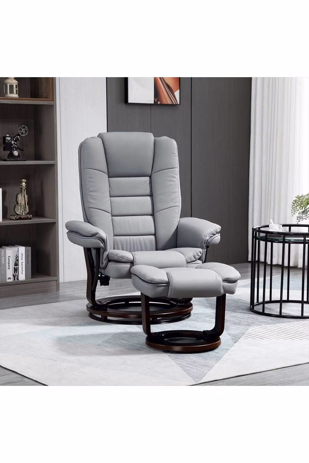 ERGOVEXA Grey Recliner Armchair with Matching Footstool and Synthetic Leather Upholstery – 4
