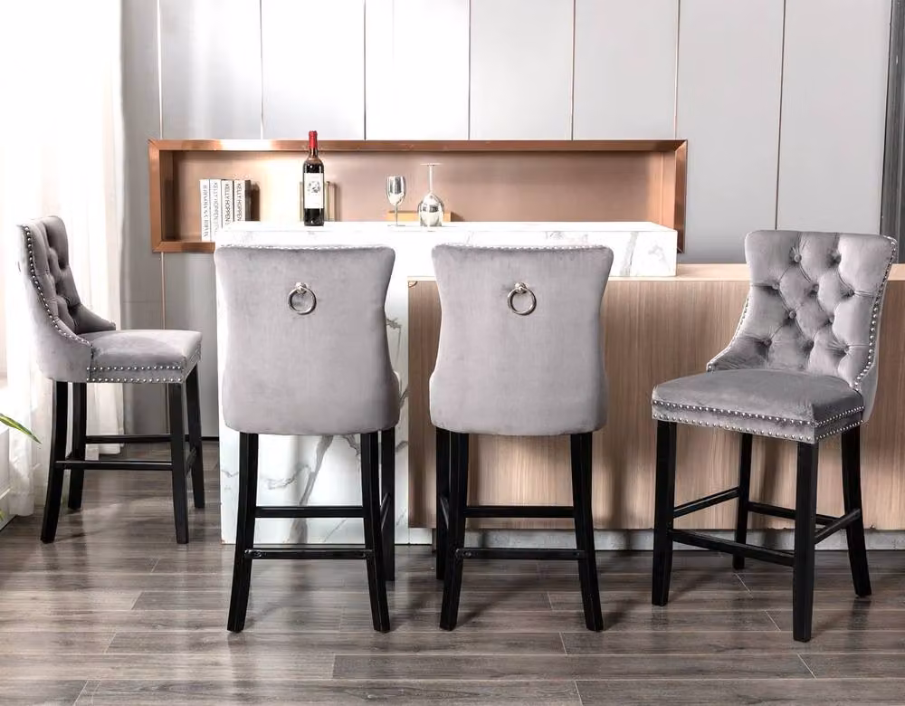 Modern Home Touch Romsey Set of 6 Grey Velvet Kitchen Breakfast Barstools with Oak Wood Legs and Knocker Ring Back – 2