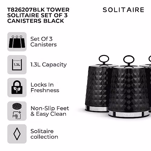 Tower Solitaire Airtight Stainless Steel Storage Canisters, Set of 3, Black – 2