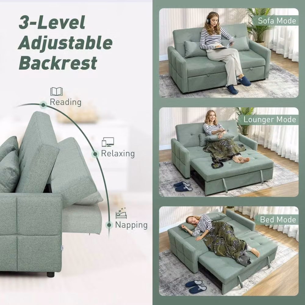 Wyld Haus Nenase Mint Green 2 Seater 3 Way Convertible Sofa Bed with Pull Out Drawer and Adjustable Headrest – 4