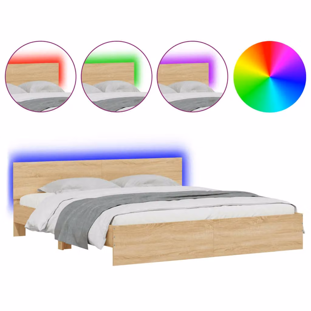 Berkfield Home Super King Bed Frame in Sonoma Oak Brown with LED Under-Bed Lighting and USB Charging Port, W: 180 cm, D: 200 cm