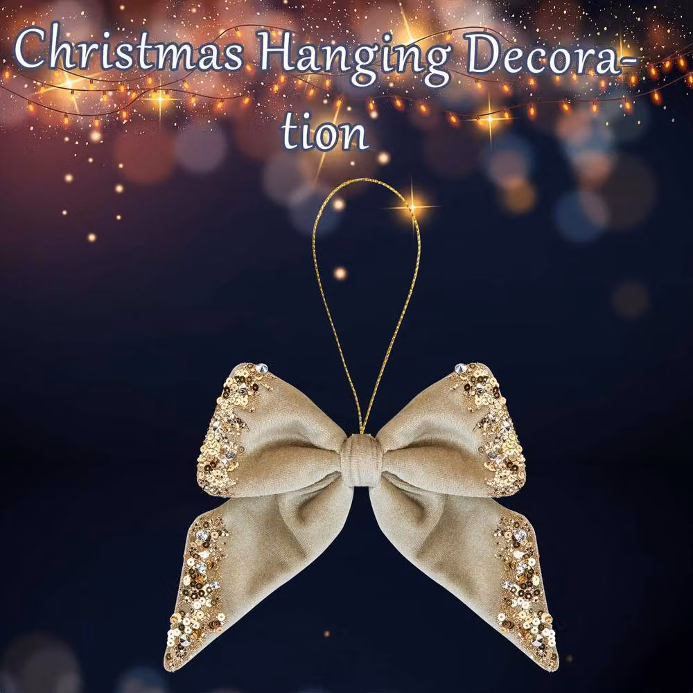 VFM e-Store Christmas Velvet Bow Hanging Decoration, Gold and Green, H 23 cm x W 18 cm – 2
