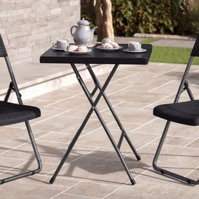 EONLION Black Rattan Wood Look Square Folding Table for Garden and Patio, W: 60 cm, D: 60 cm, H: 73 cm