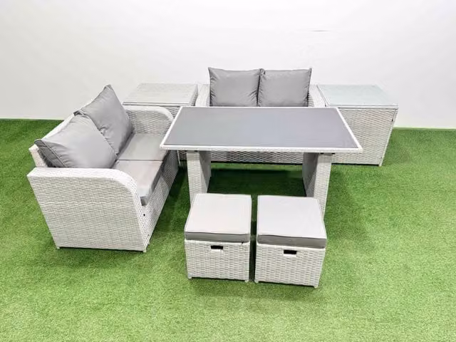 Fimous 7 Piece Outdoor PE Rattan Sofa Set with 2 Side Tables and 2 Small Stools in Light Grey