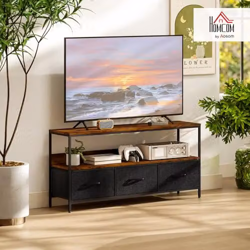 HOMCOM Industrial TV Cabinet in Brown with 3 Foldable Linen Drawers, W/D/H: 120 x 29 x 56 cm – 2