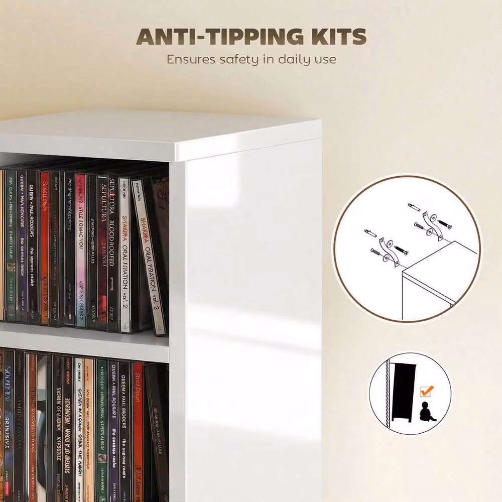 Kelvenix Set of 2 White Lacquered Wall Mounted CD Media Display Shelf Units with Adjustable Shelves and Back Panel – 4