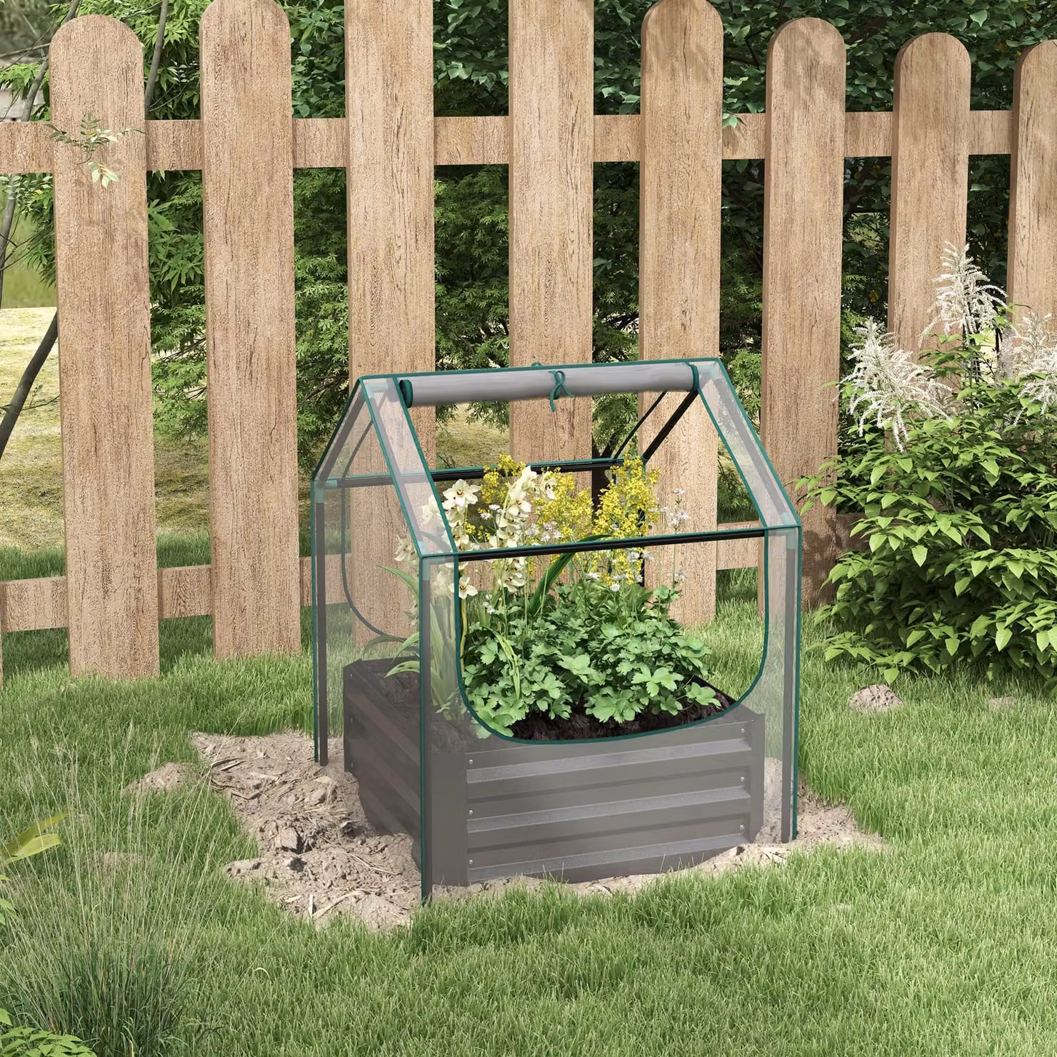 Outsunny Raised Planter Box with Greenhouse Cover, Metal Garden Bed for Vegetables and Herbs, Clear and Dark Grey – 2