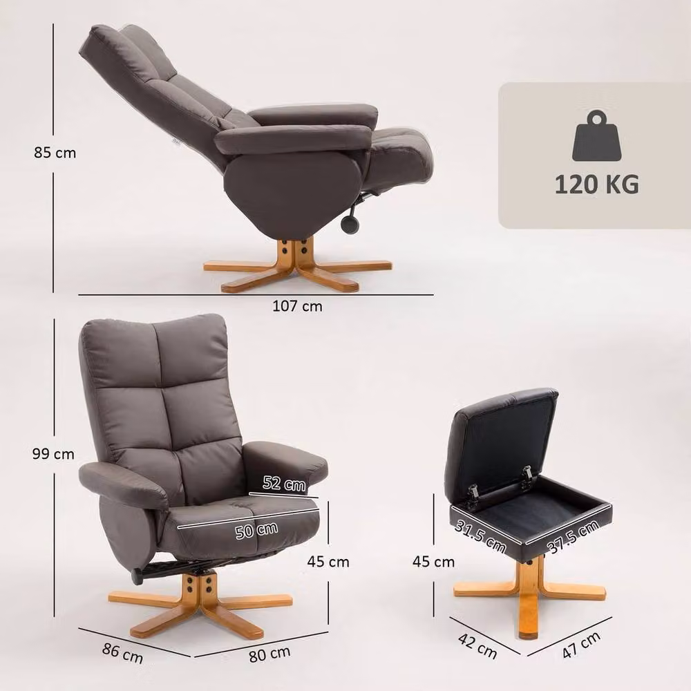 EONLION Recliner Chair and Footstool in Dark Grey PU Leather with Wooden Base – 2