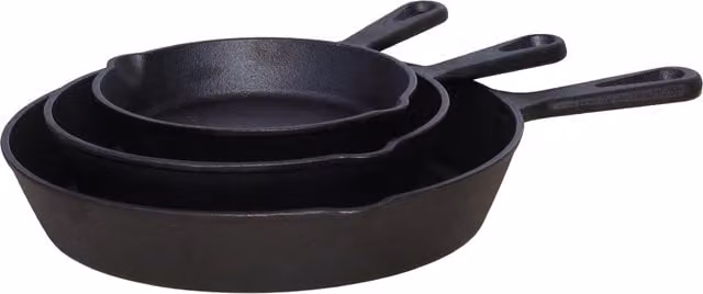 Buckingham Set of 3 Pre-Seasoned Non-Stick Cast Iron Frying Pans in Black and Silver
