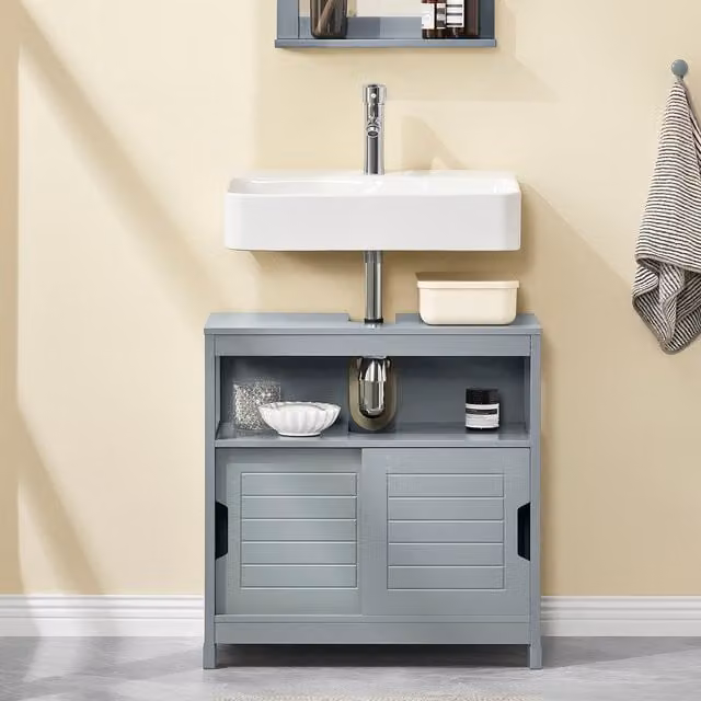 SoBuy Under-sink Bathroom Storage Cabinet with Double Sliding Doors, Grey, W: 60 cm, D: 30 cm, H: 61 cm – 1