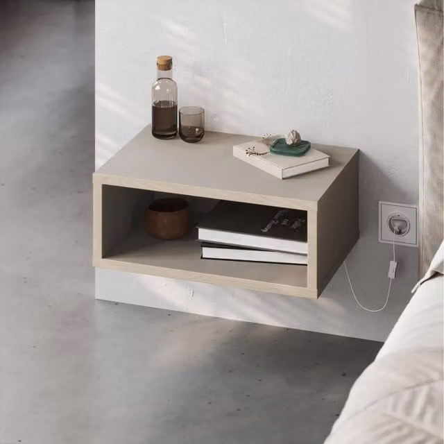 Decortie Brik Modern Floating LED Bedside Table in Light Sand Oak, W: 45 cm – 1
