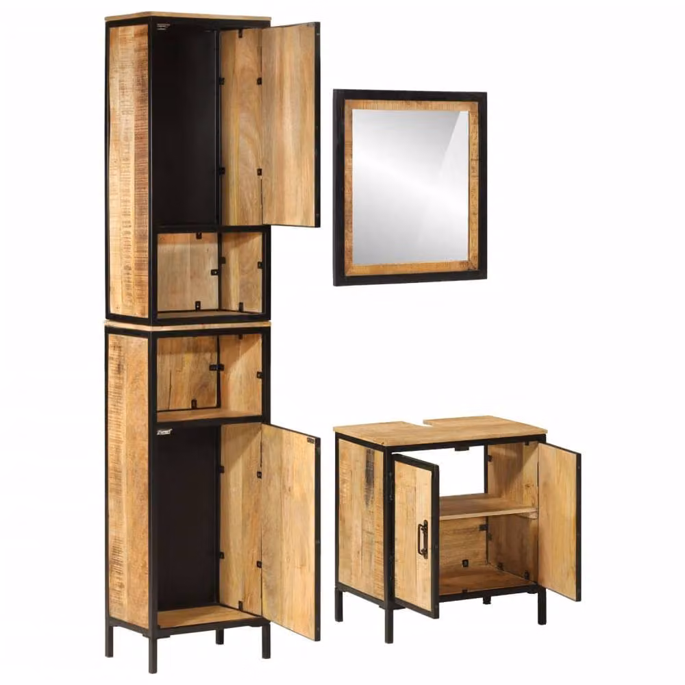 Berkfield Home 3 Piece Industrial Bathroom Furniture Set in Brown Mango Wood and Metal – 2