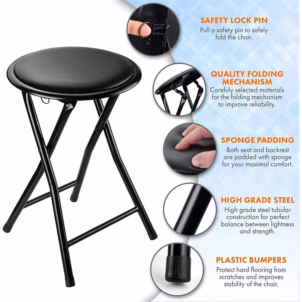 Kelvenix Black Folding Stool with Soft Padded Synthetic Leather Seat and Metal Frame – 3