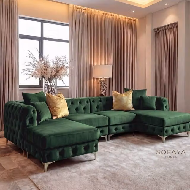 Sofaya Monaco 4 Seater Chesterfield U-Shaped Chaise Sofa in Green Velvet