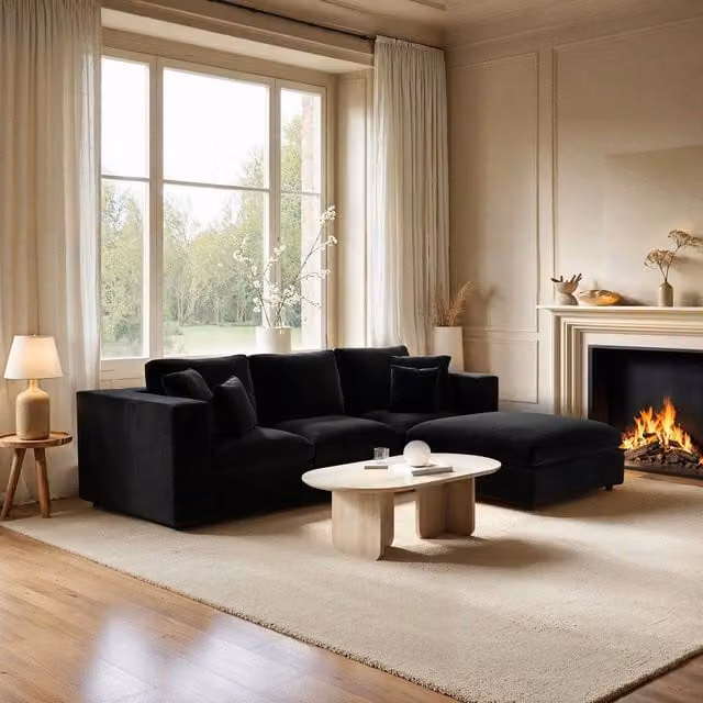 Solace+Co Asher 4 Seater L-Shape Velvet Sofa in Black with Reversible Ottoman and Scatter Cushions – 1