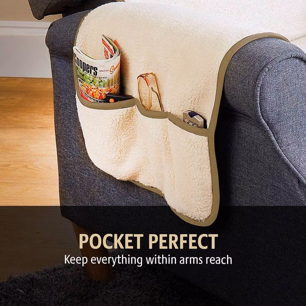Coopers of Stortford Sherpa Fleece Armchair Cover with Adjustable Cushion and 3 Pockets in Beige – 4