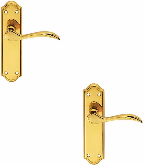 Loops 2x Pair Curved Door Handle Lever on Latch Backplate, Polished Brass, W/H: 180 x 45 mm