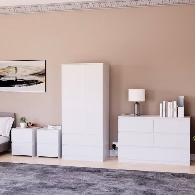 Vida Designs Denver Bedroom Set in White including 2 Drawer Bedside Tables, 6 Drawer Chest and 2 Door Wardrobe