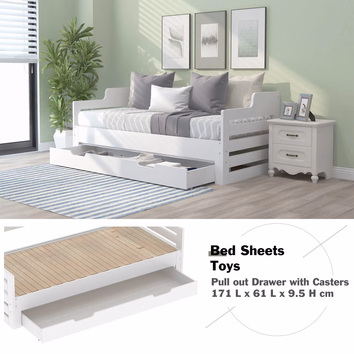 Matteo Ingle Single Guest Sofa Bed with Pull Out Trundle and Storage Drawer in White – 4