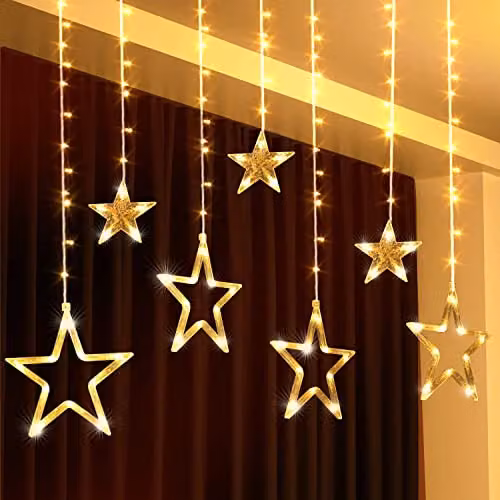 GloBrite Christmas Curtain Lights with 12 Stars and 138 Warm White LED Lights for Indoor Decoration – 12