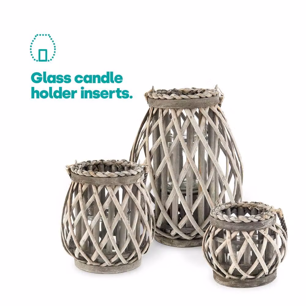 LIVIVO Set of 3 Grey Wicker Candle Lanterns with Hemp Rope and Glass for Tealights or Pillar Candles – 3