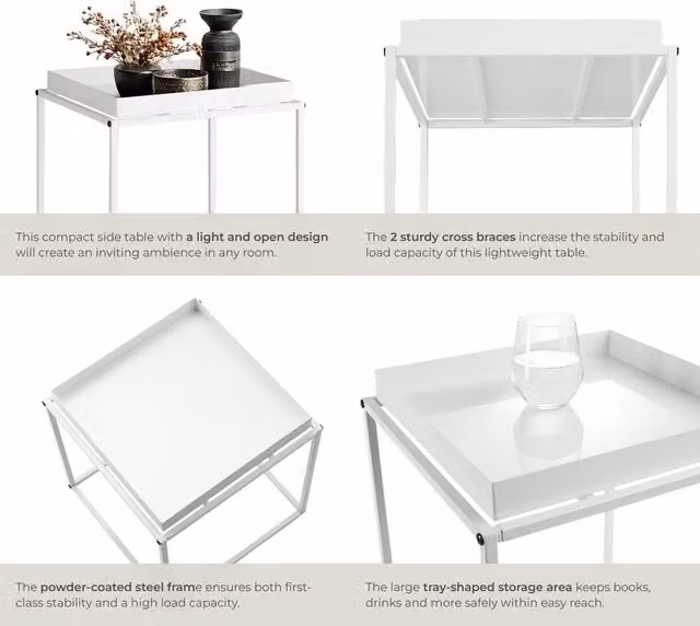 TECTAKE Modern Metal Bedside Table in White, W/D/H: 40 x 40 x 44 cm