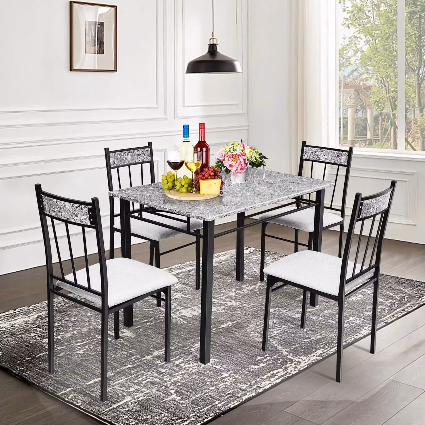 Costway 5-piece Marble Kitchen Dining Set with Sponge Cushioned Chairs in Grey – 3