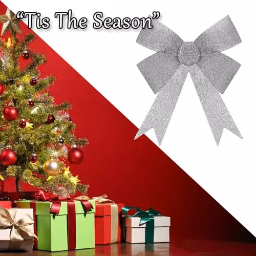 VFM e-Store Silver Tinsel Bow Christmas Decoration, W: 37 cm, D: 49 cm, H: 13 cm – 6