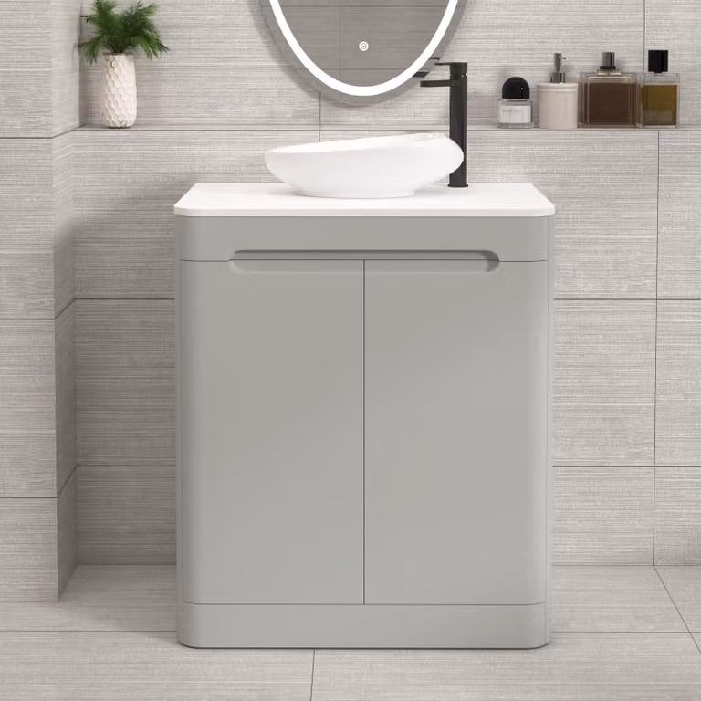 Royal Bathrooms Venice 700mm Floor Standing 2 Door Vanity Unit in Dove Grey with Plain White Worktop and Nova Basin
