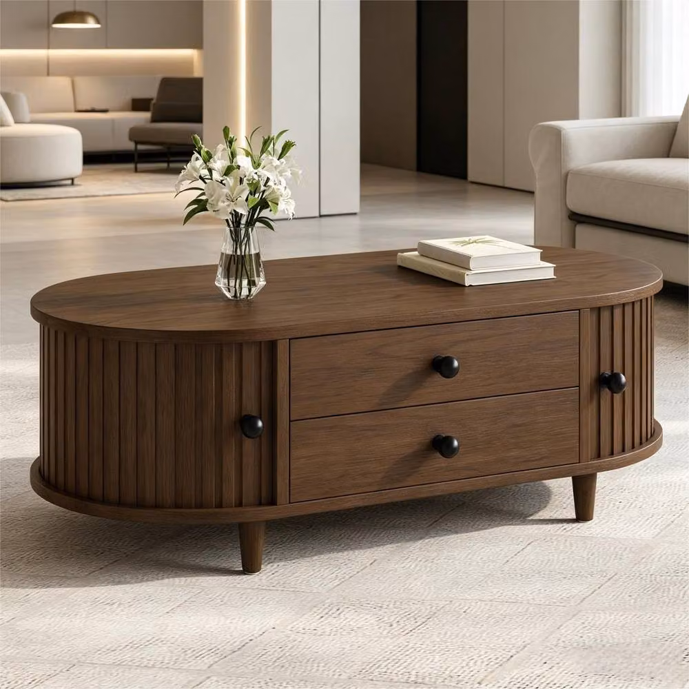 BTM Oval Coffee Table with Sliding Door Storage in Walnut Brown MDF – 2