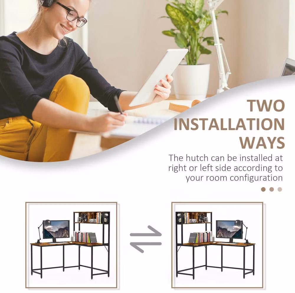 STILVORA L-Shaped Corner Desk with Storage Shelf and Steel Frame in Brown – 5