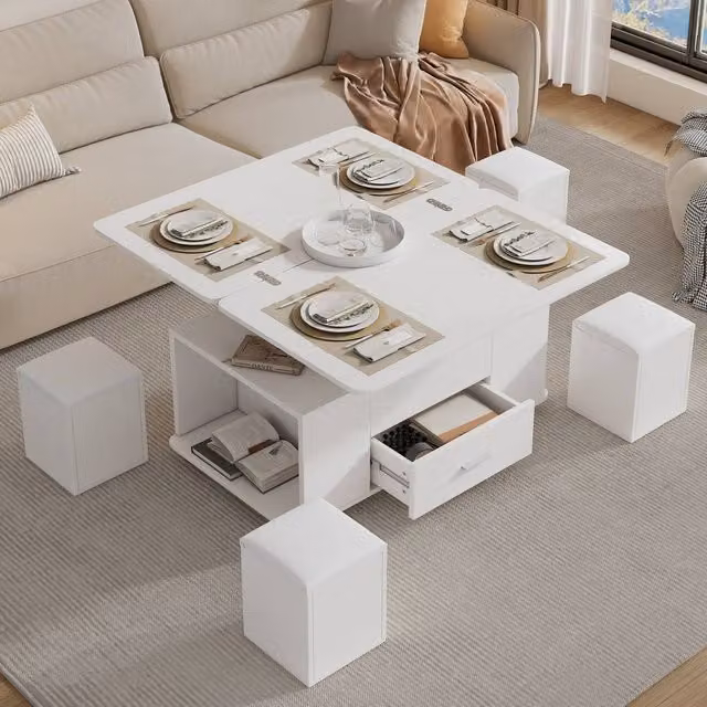Merax Extendable Lift Top Coffee Table with 4 Storage Stools in White