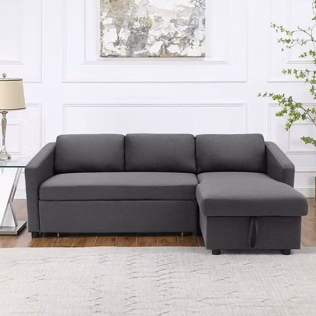 Livingandhome Modern L-Shape 3-Seater Corner Sofa Bed with Pull Out Frame and Sleeping Function in Grey Fabric