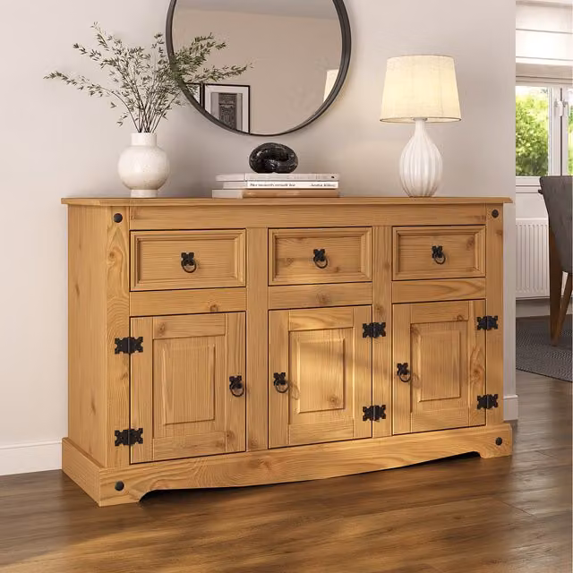 Mews Corona Sideboard with 3 Doors and 3 Drawers in Rustic Waxed Pine, Brown and Black
