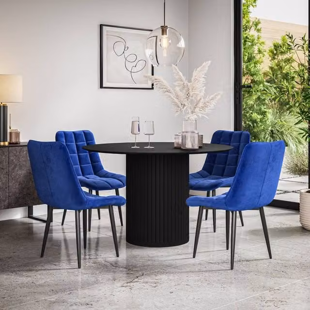 More4Homes Arlo Black Round Dining Table and 4 Blue Nova Velvet Dining Chairs Set, W/D/H: 120 x 120 x 75 cm