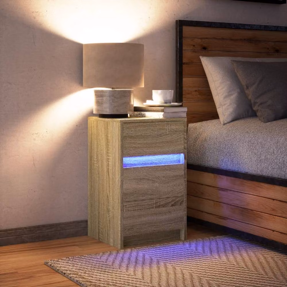 Berkfield Home Modern Bedside Cabinet with Integrated LED Lights in Sonoma Oak and Light Tan, W: 34.0 cm, D: 38.0 cm, H: 61.0 cm – 2