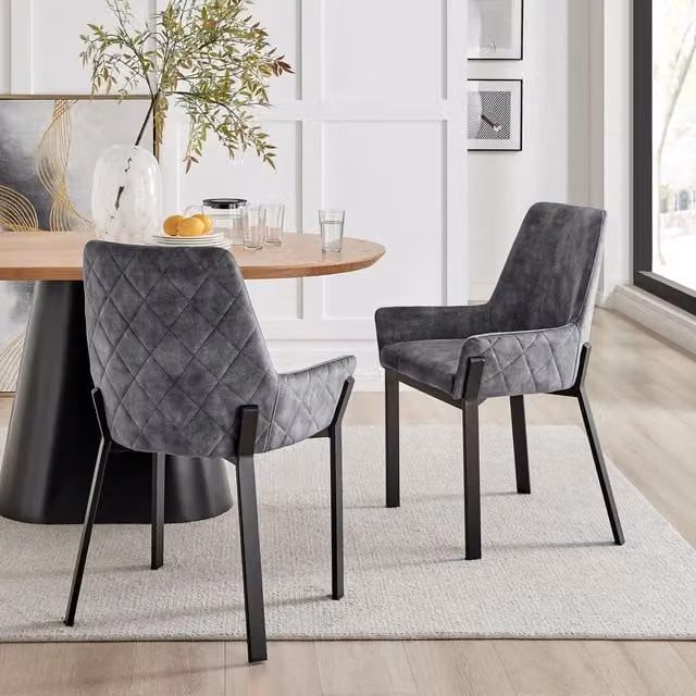 Modish Furnishing Nova Set of 2 Grey Velvet Dining Chairs with Black Metal Legs