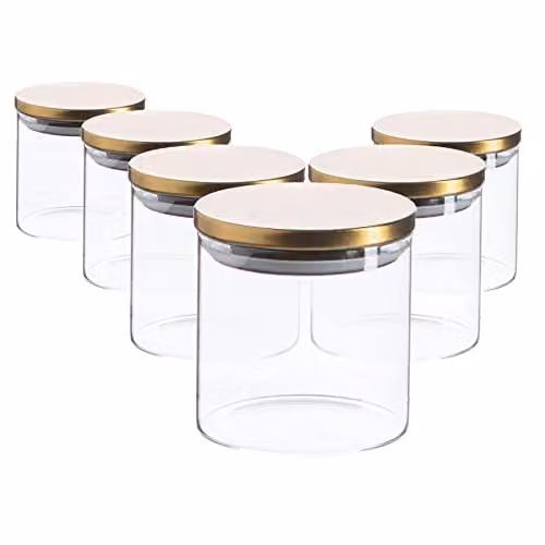 Argon Tableware Scandi Airtight Glass Storage Jars with Gold Metal Lids, 550ml, 6 Pack – 1