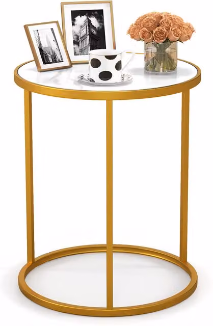 COSTWAY Modern Round Marble Top Side Table in White and Gold