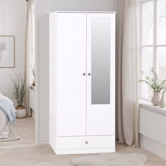 Seconique Denver 2 Door 1 Drawer Mirrored Wardrobe in White Gloss