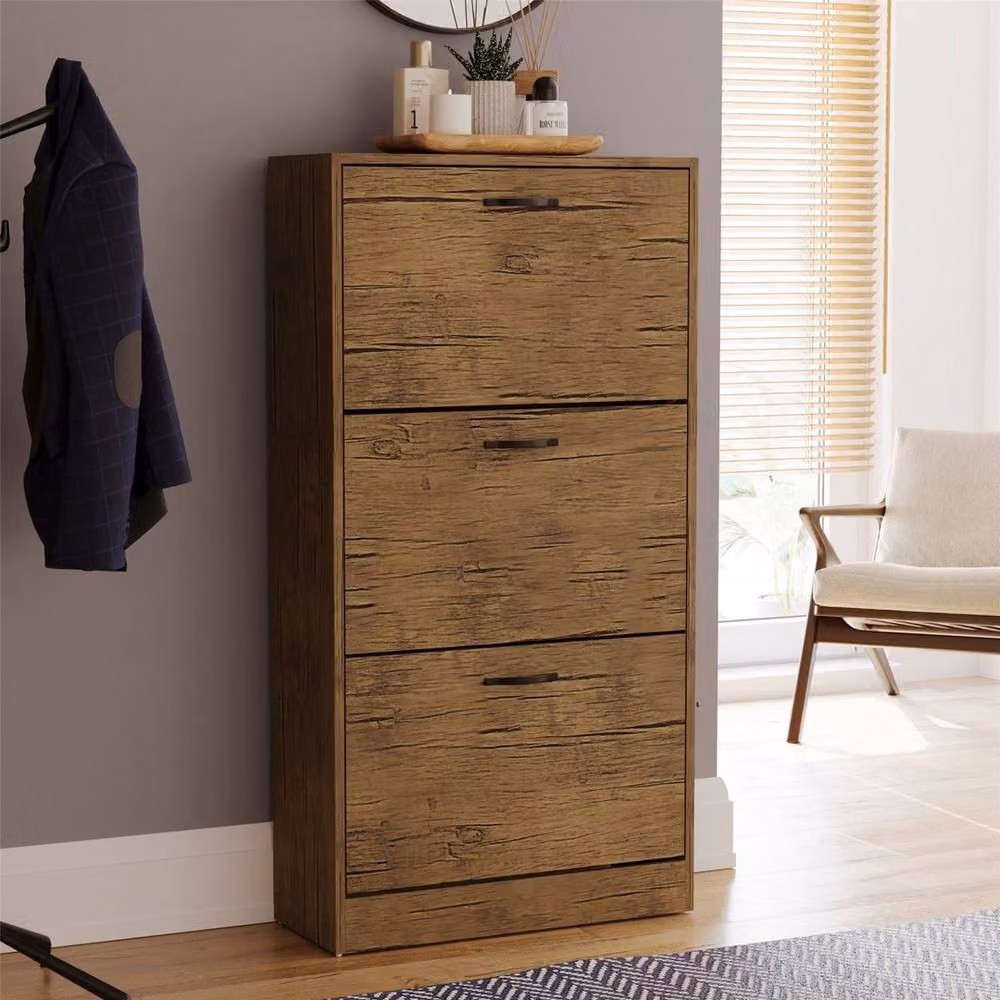 FORGEVIO Designs Modern 3 Drawer Wooden Shoe Storage Cabinet in Brown, W/D/H: 60 x 24 x 118 cm – 2
