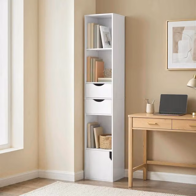 HOMCOM Modern White Bookcase with Drawers and Adjustable Shelves, Height: 158 cm