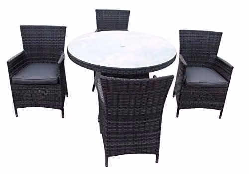 Chusstang Rattan Garden Dining Set with Table and 4 Chairs in Grey with Black Cushions – 1