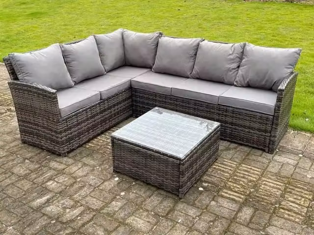 Fimous 6 Seater High Back Rattan Corner Sofa Set with Square Coffee Table in Dark Mixed Grey